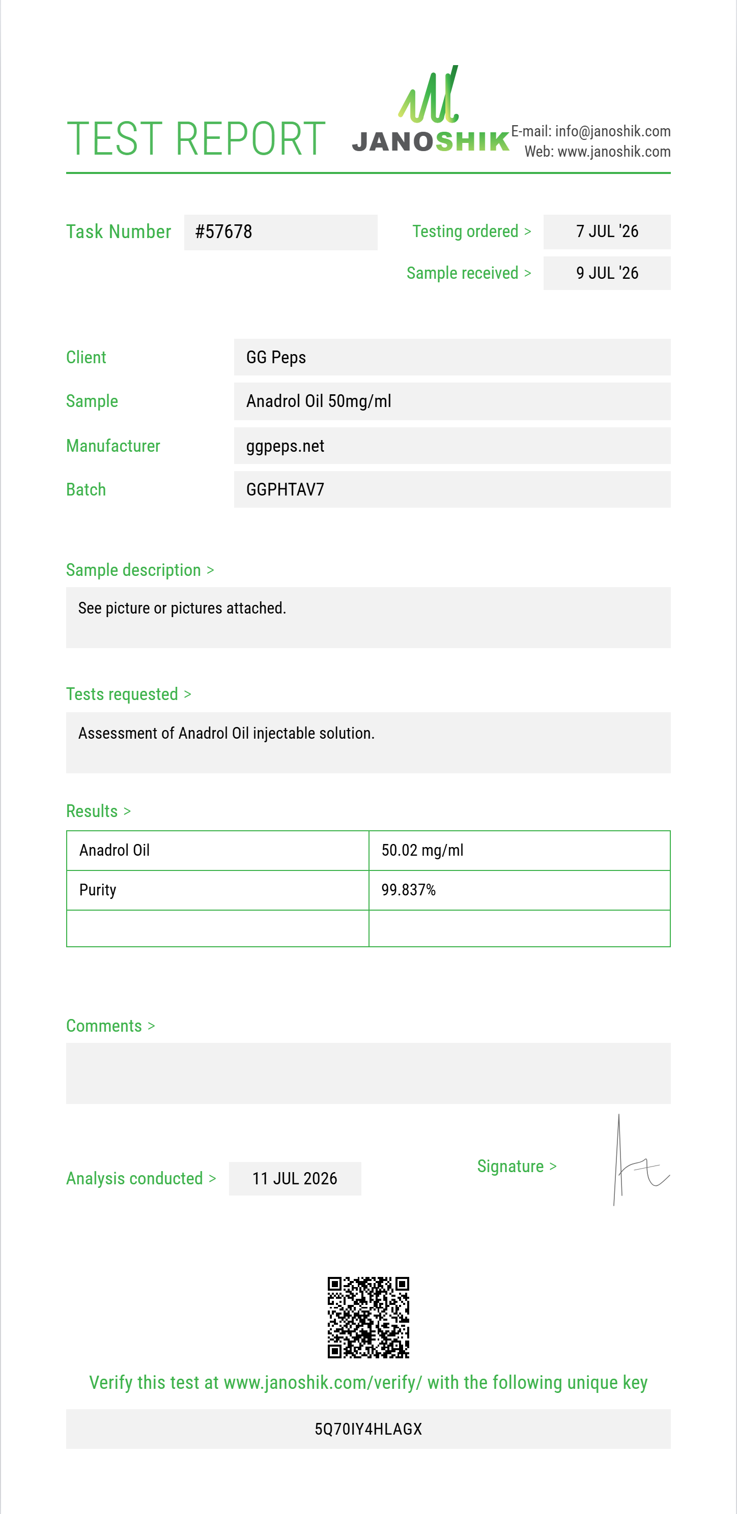 Anadrol Oil Purity (HPLC) report by Janoshik Analytical