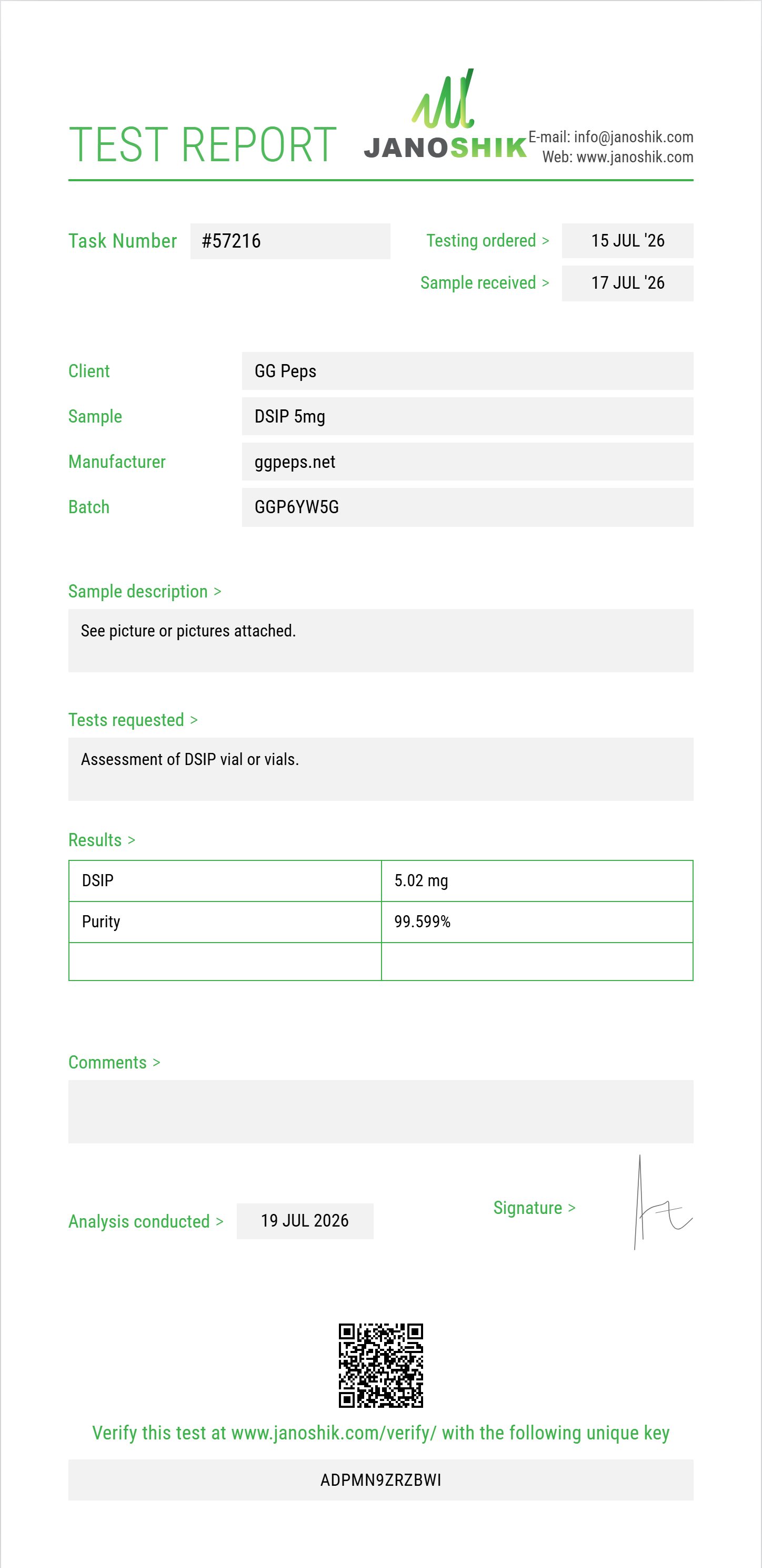 DSIP Purity (HPLC) report by Janoshik Analytical