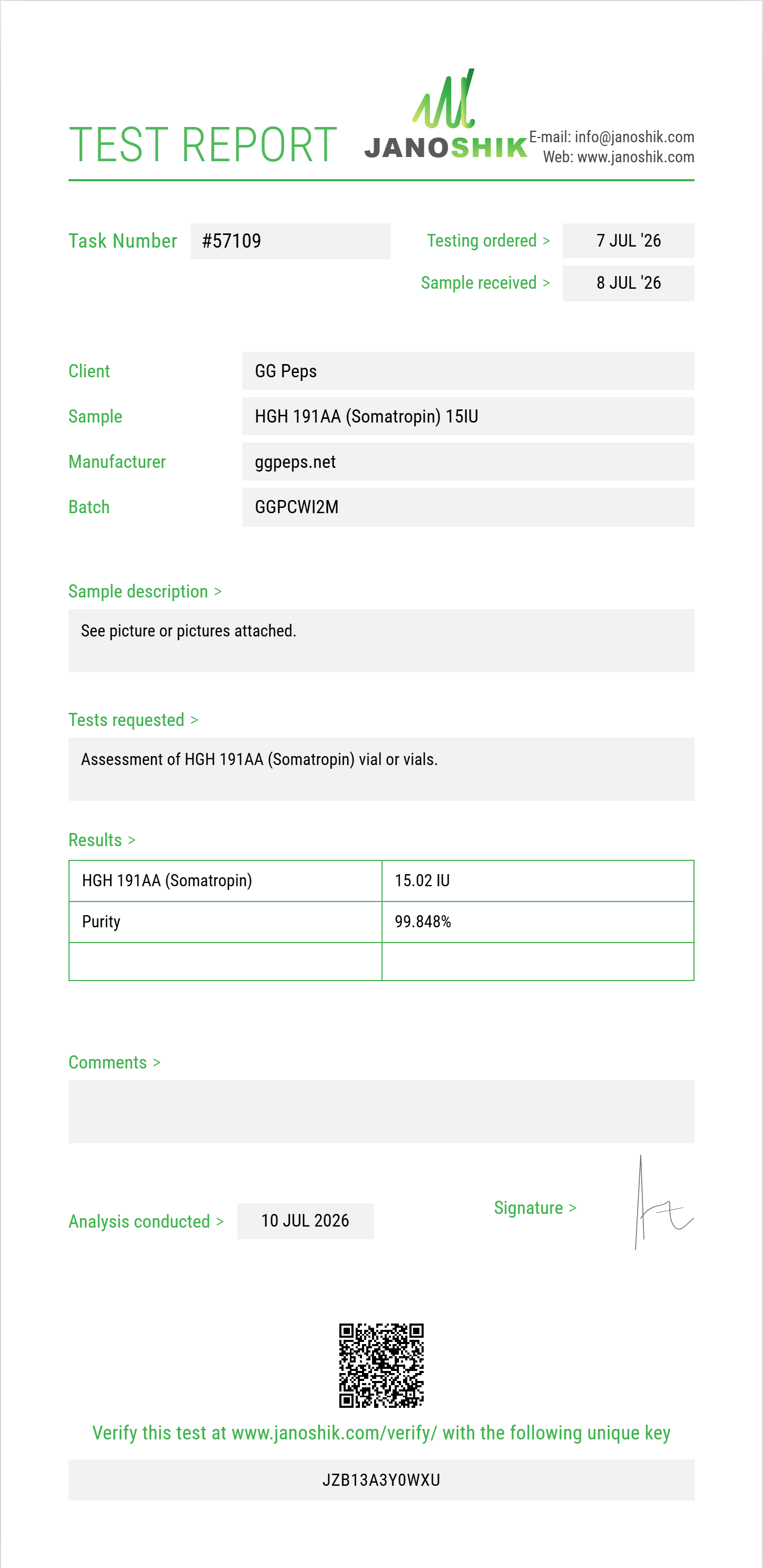 HGH 191AA (Somatropin) Purity (HPLC) report by Janoshik Analytical