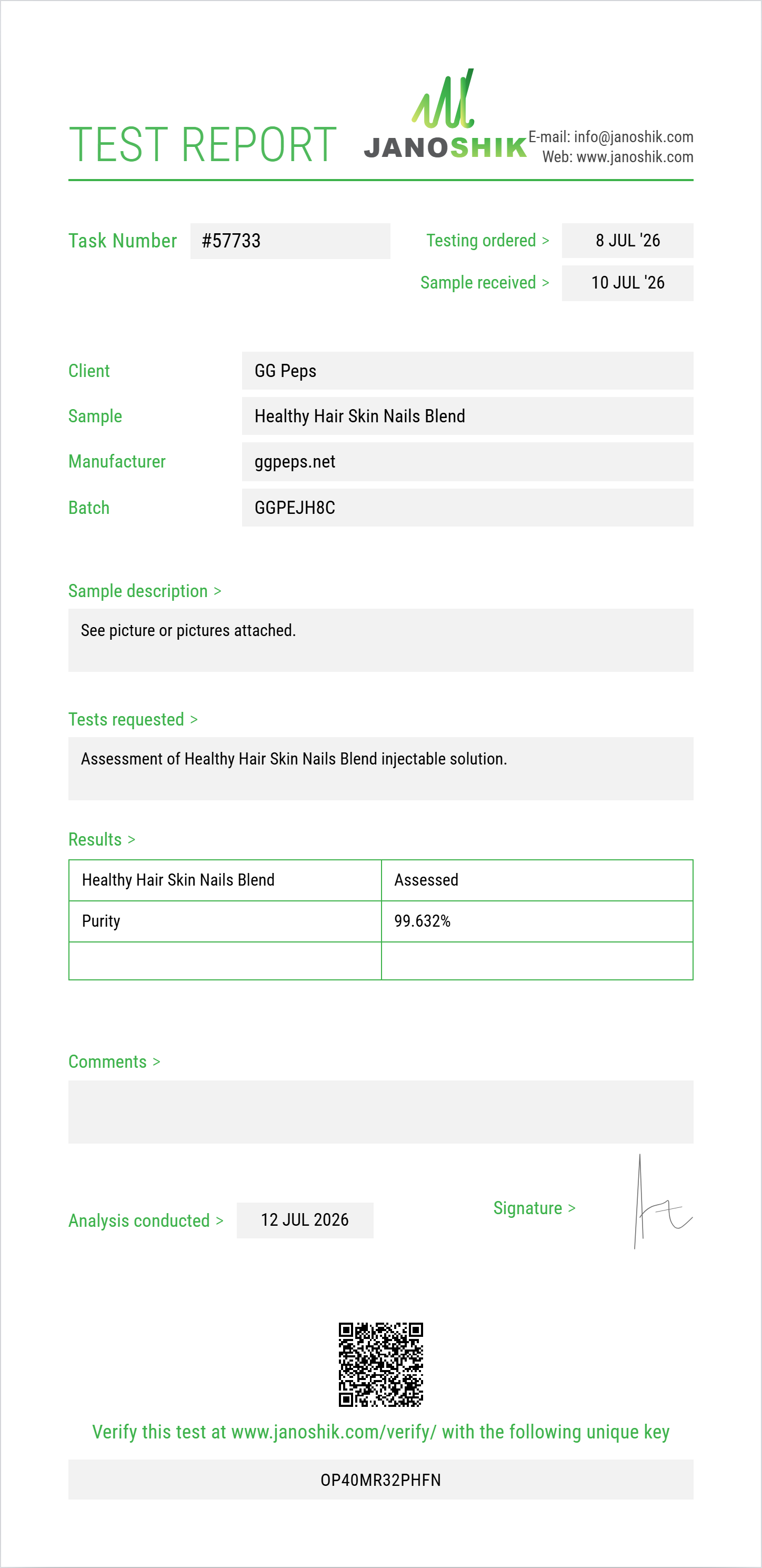 Healthy Hair Skin Nails Blend (Niacinamide+Thiamine+Pantothenic Acid+Choline+Inositol+Niacin+Biotin+Folic Acid+Riboflavin) Purity (HPLC) report by Janoshik Analytical