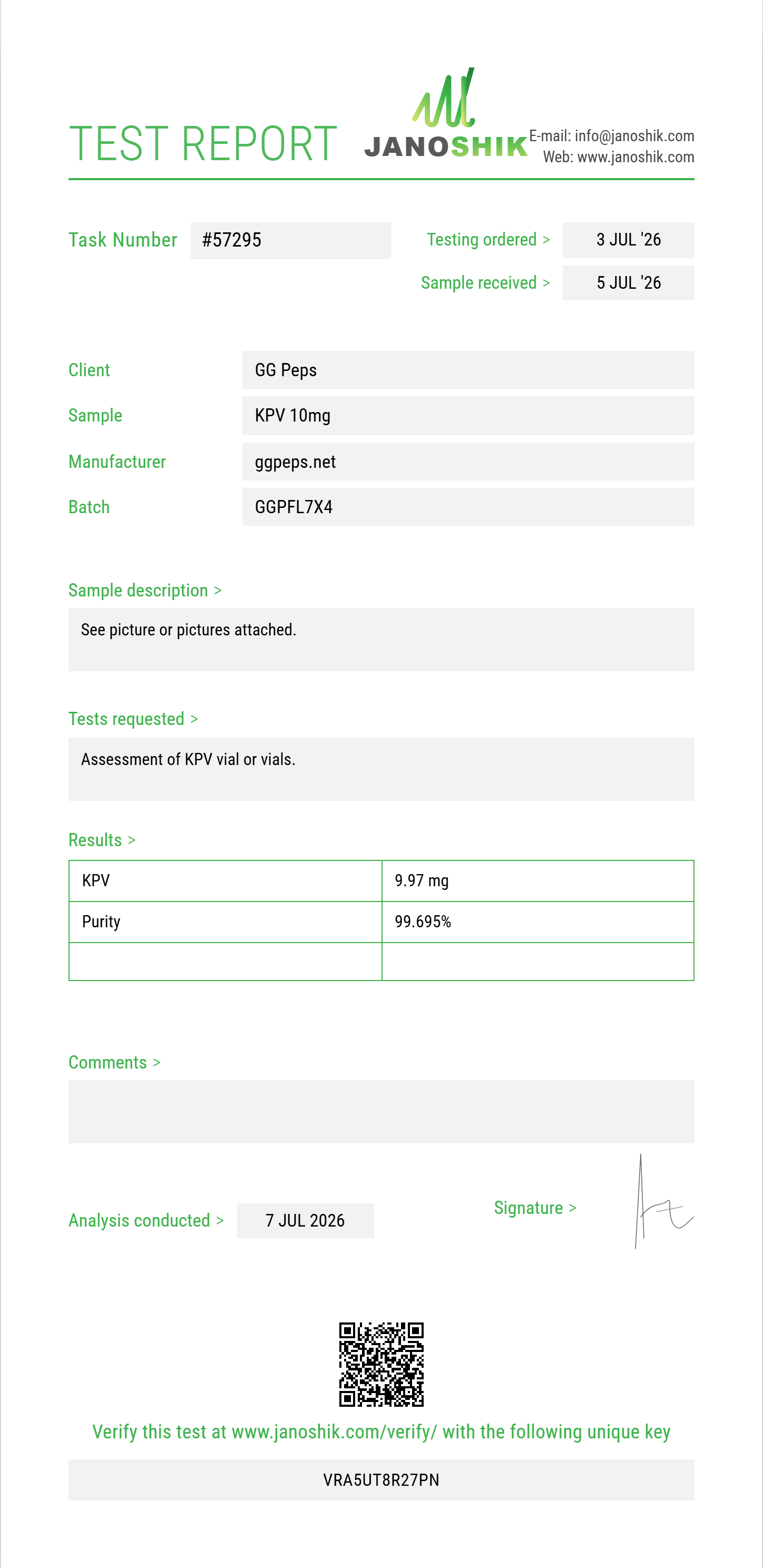 KPV Purity (HPLC) report by Janoshik Analytical