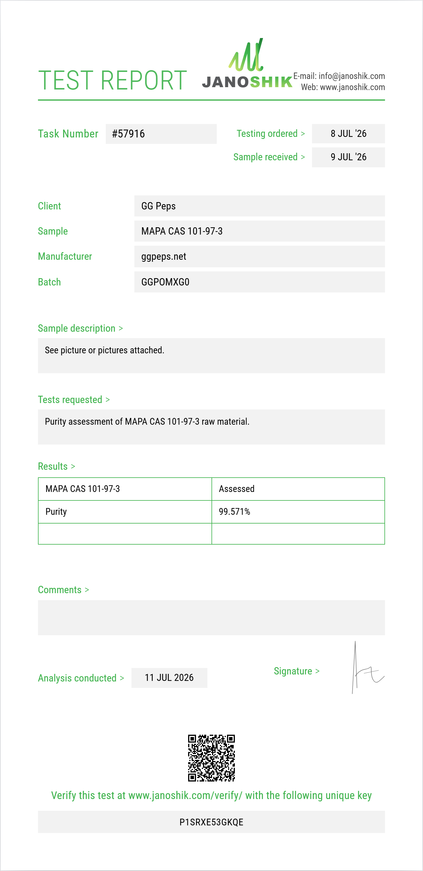 MAPA (methyl alpha-phenylacetoacetate) CAS 101-97-3 Purity (HPLC) report by Janoshik Analytical