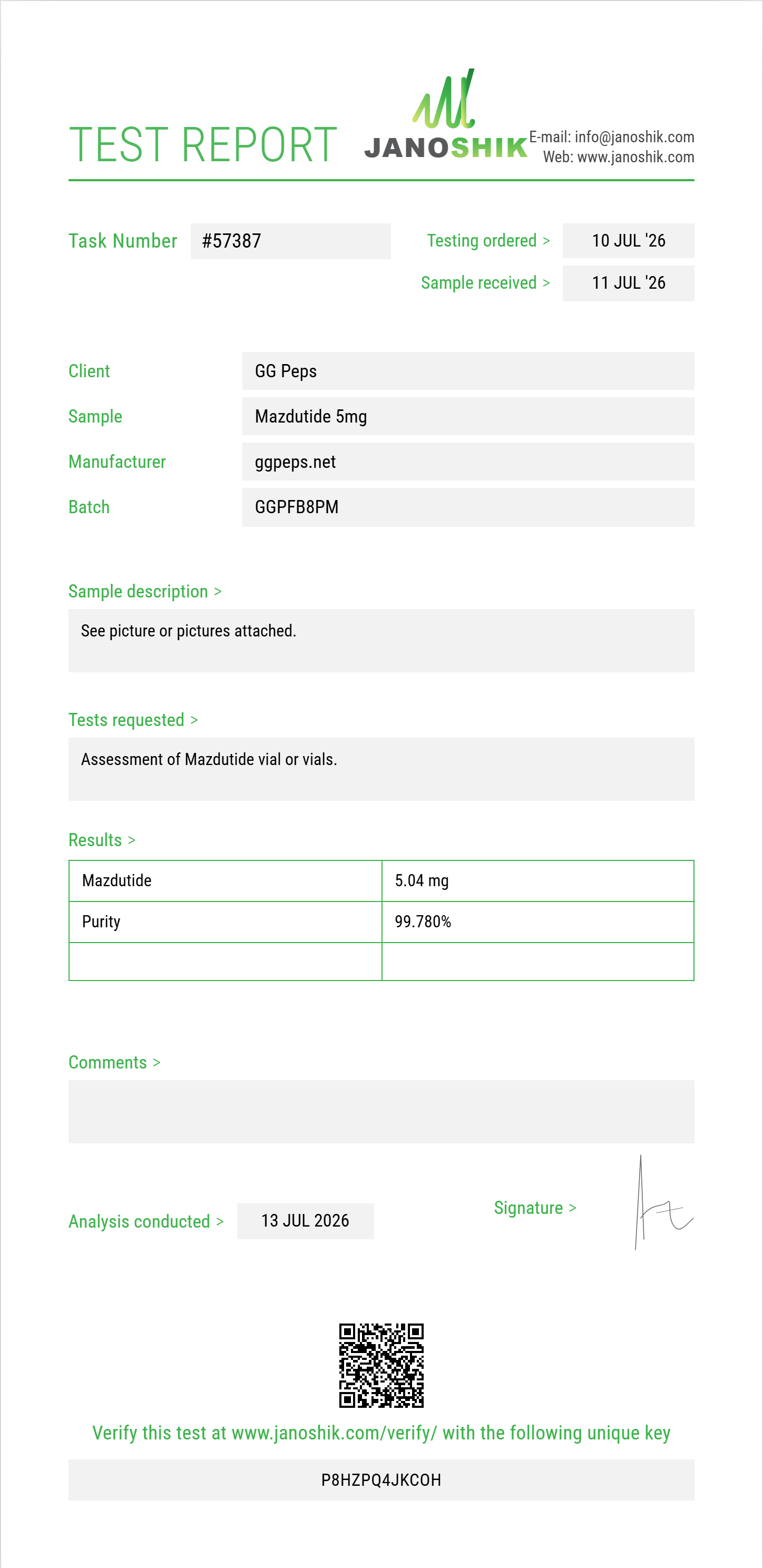 Mazdutide Purity (HPLC) report by Janoshik Analytical