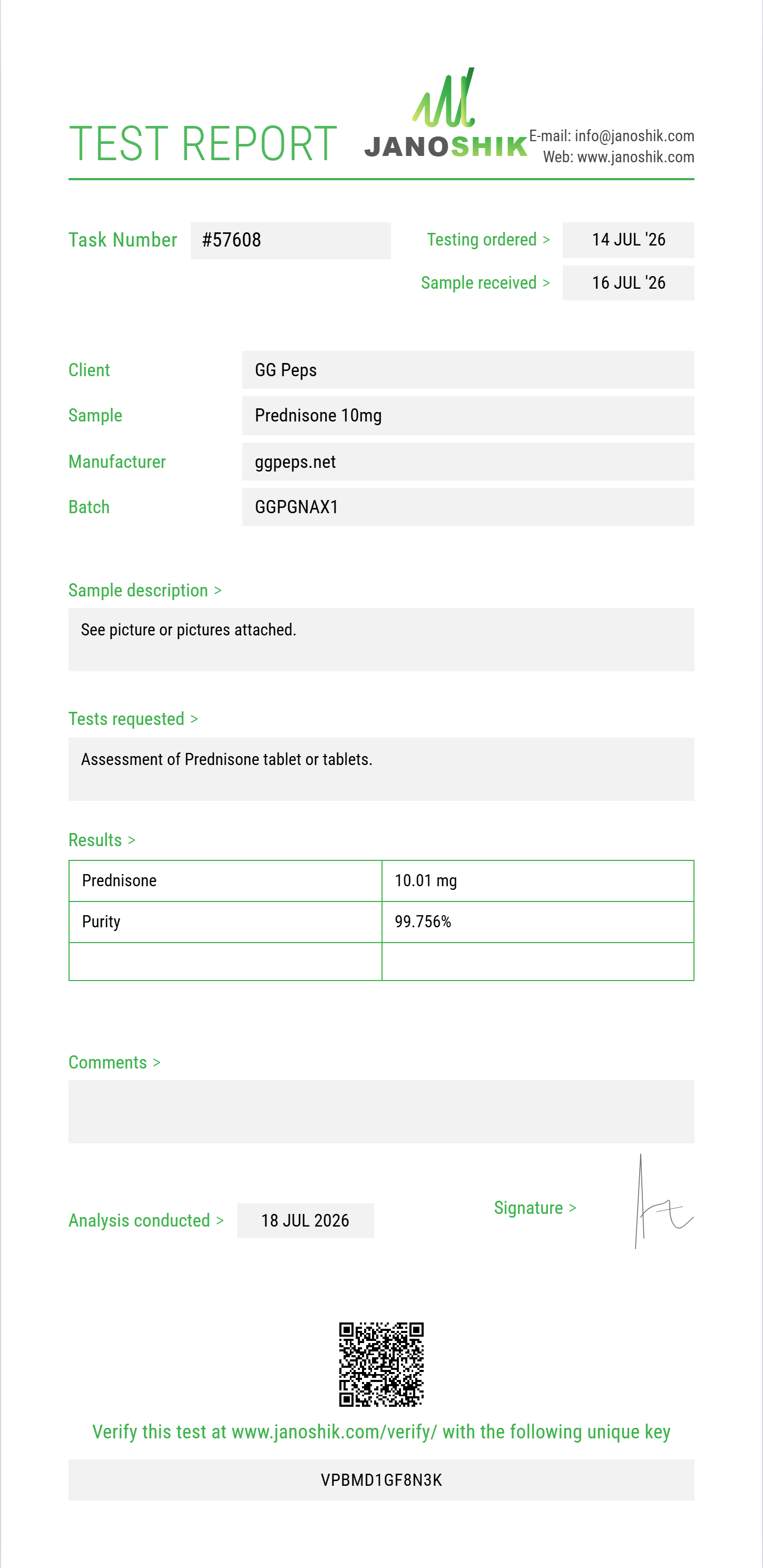 Prednisone Purity (HPLC) report by Janoshik Analytical