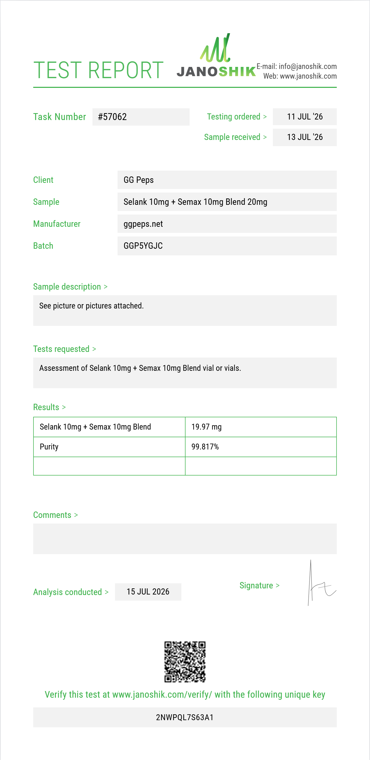 Selank 10mg + Semax 10mg Blend Purity (HPLC) report by Janoshik Analytical