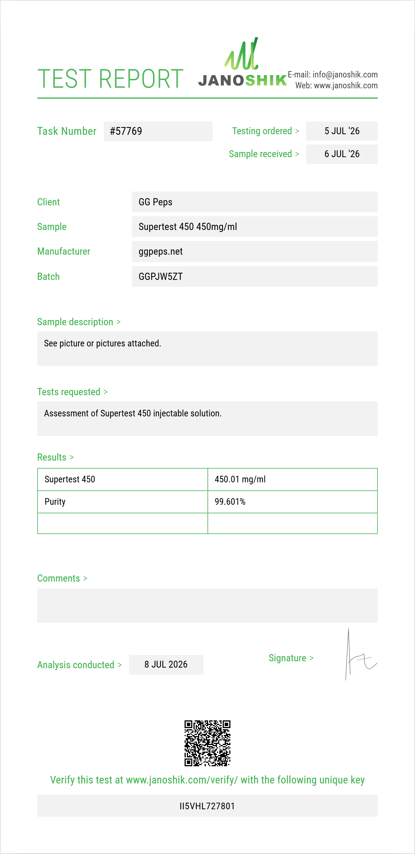 Supertest 450 Purity (HPLC) report by Janoshik Analytical