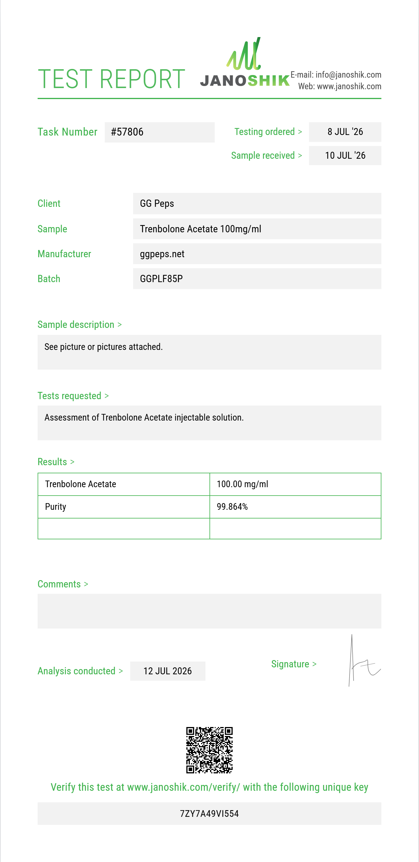 Trenbolone Acetate Purity (HPLC) report by Janoshik Analytical