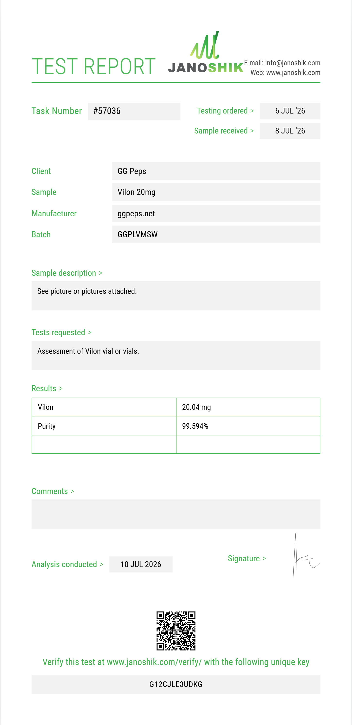 Vilon Purity (HPLC) report by Janoshik Analytical