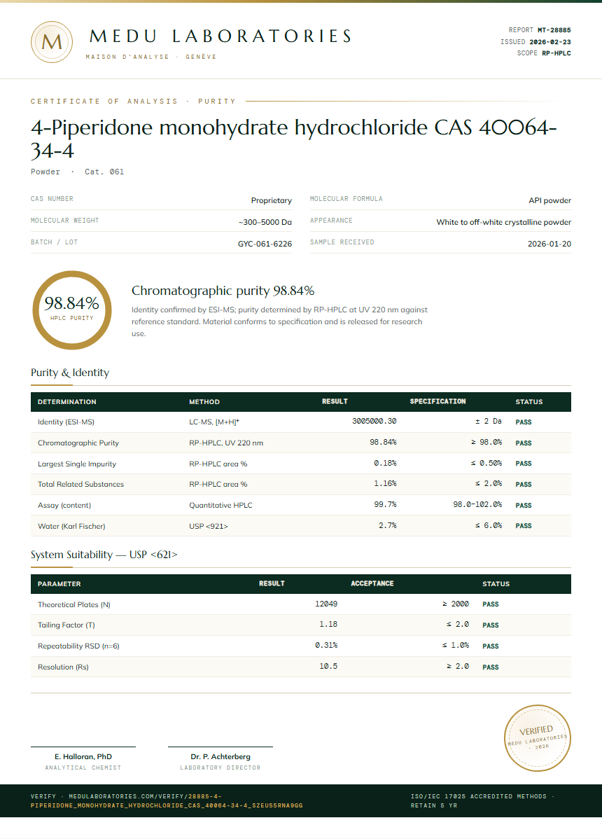 4-Piperidone monohydrate hydrochloride CAS 40064-34-4 Purity Test Report by Medu Laboratories