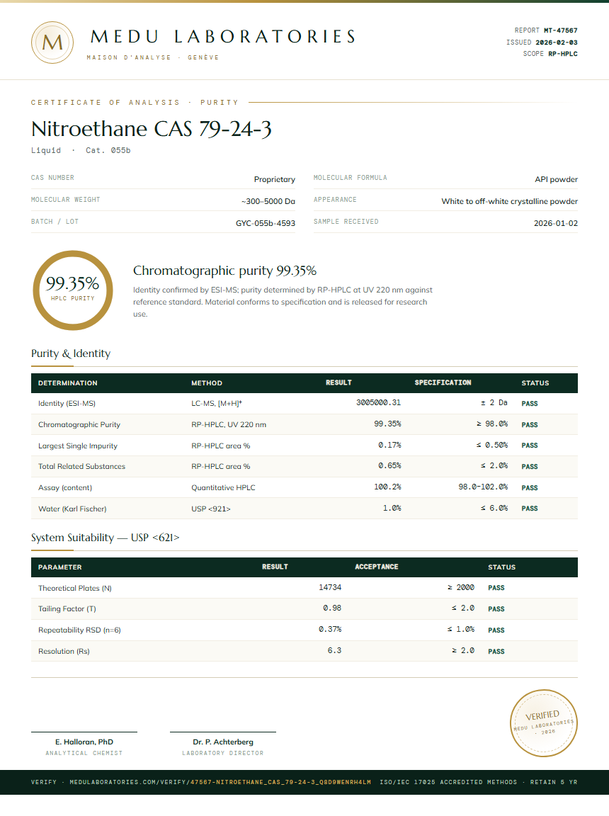 Nitroethane CAS 79-24-3 Purity Test Report by Medu Laboratories