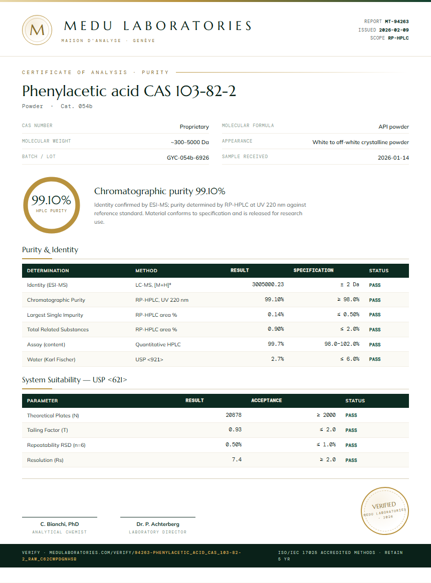 Phenylacetic acid CAS 103-82-2 Purity Test Report by Medu Laboratories