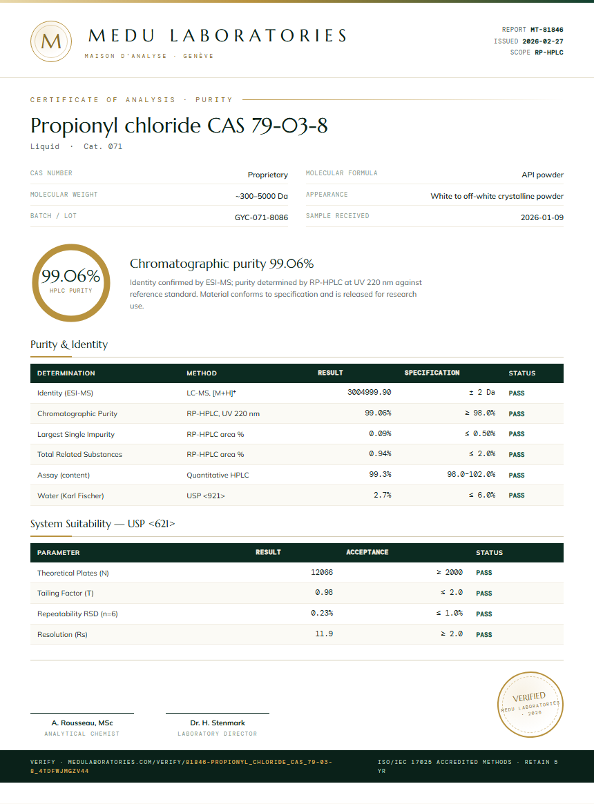 Propionyl chloride CAS 79-03-8 Purity Test Report by Medu Laboratories