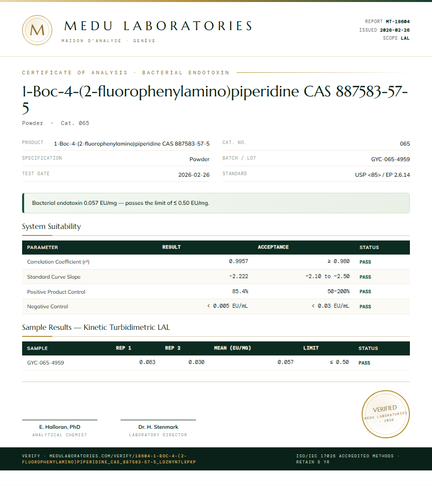 1-Boc-4-(2-fluorophenylamino)piperidine CAS 887583-57-5 Endotoxin report by Medu Laboratories