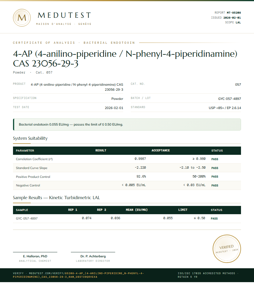 4-AP (4-anilino-piperidine / N-phenyl-4-piperidinamine) CAS 23056-29-3 Endotoxin report by Medu Laboratories