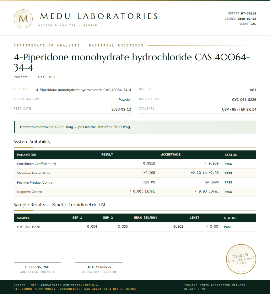 4-Piperidone monohydrate hydrochloride CAS 40064-34-4 Endotoxin report by Medu Laboratories