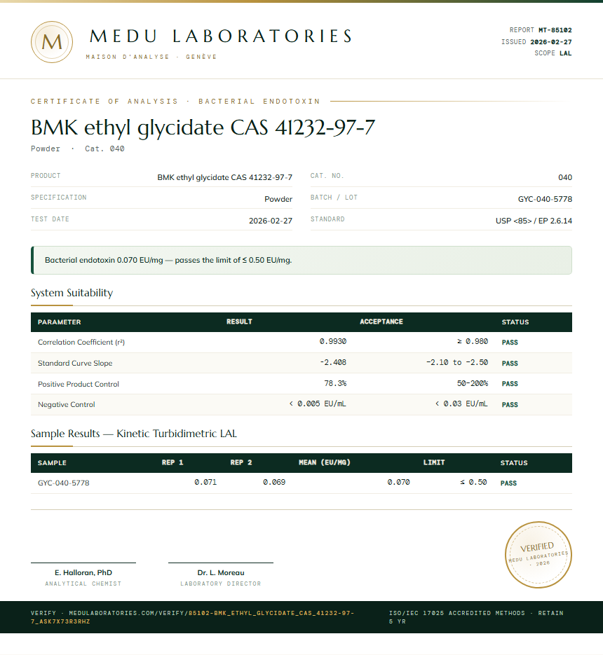 BMK ethyl glycidate CAS 41232-97-7 Endotoxin report by Medu Laboratories
