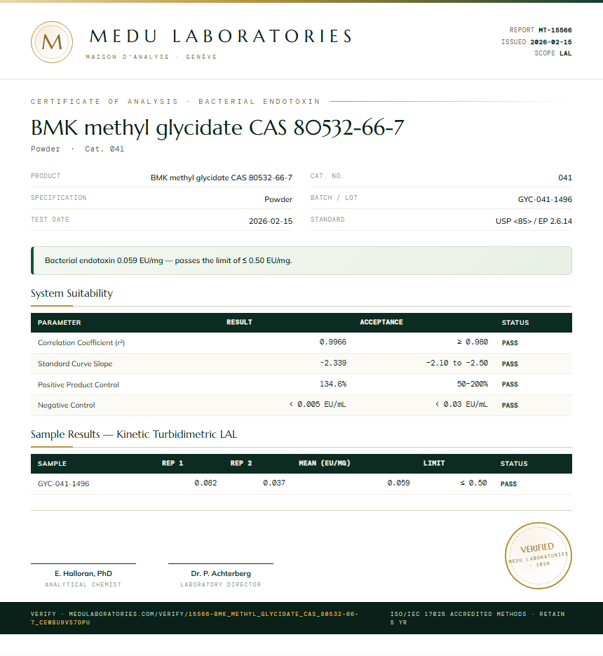 BMK methyl glycidate CAS 80532-66-7 Endotoxin report by Medu Laboratories