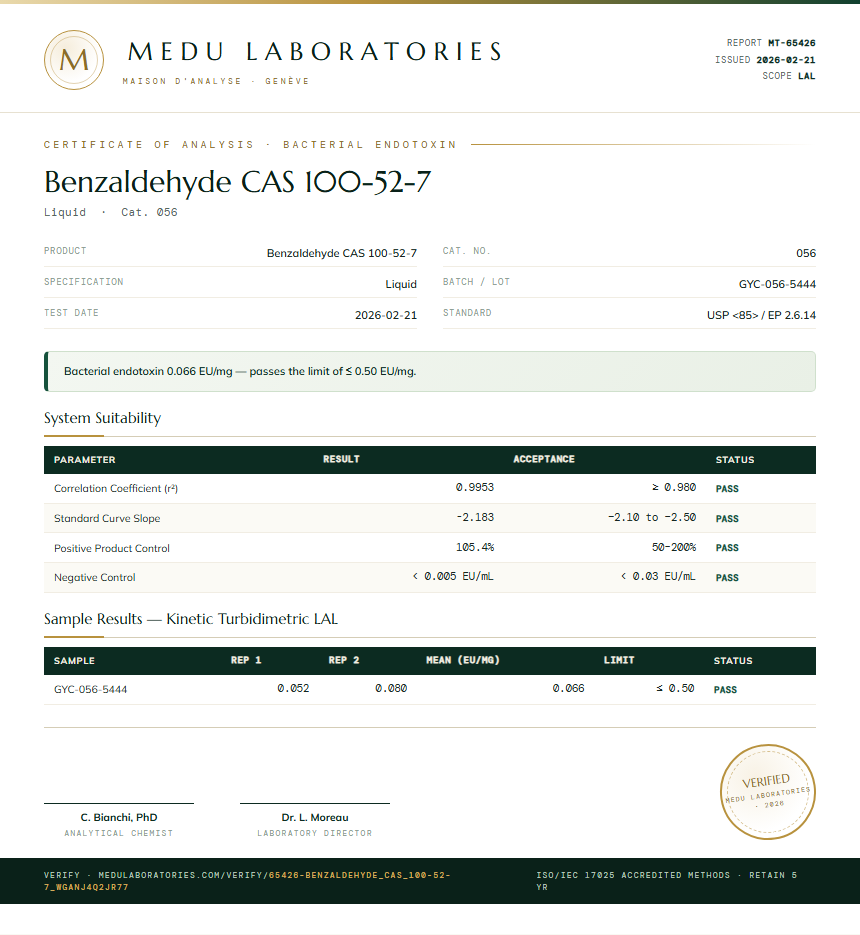 Benzaldehyde CAS 100-52-7 Endotoxin report by Medu Laboratories