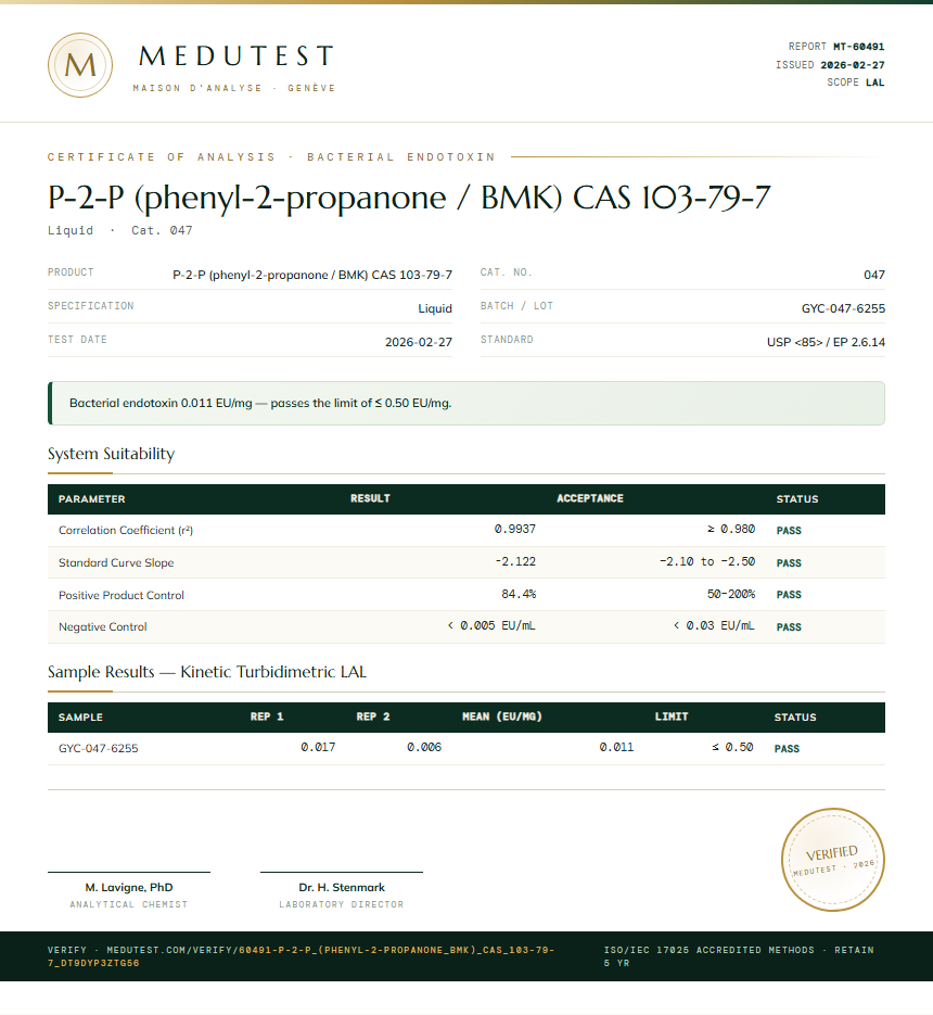 P-2-P (phenyl-2-propanone / BMK) CAS 103-79-7 Endotoxin report by Medu Laboratories