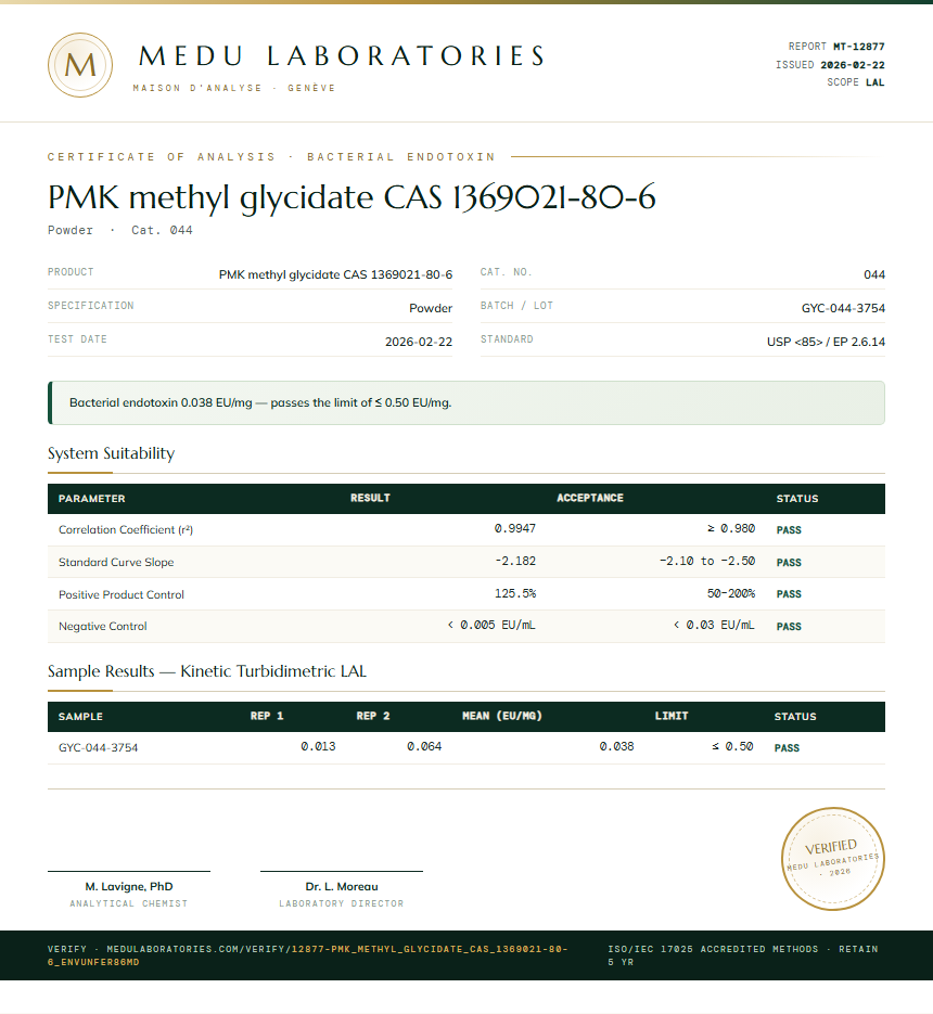 PMK methyl glycidate CAS 1369021-80-6 Endotoxin report by Medu Laboratories