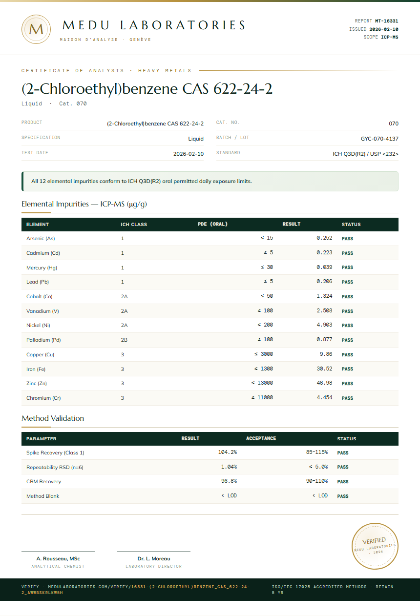 (2-Chloroethyl)benzene CAS 622-24-2 Heavy Metals report by Medu Laboratories