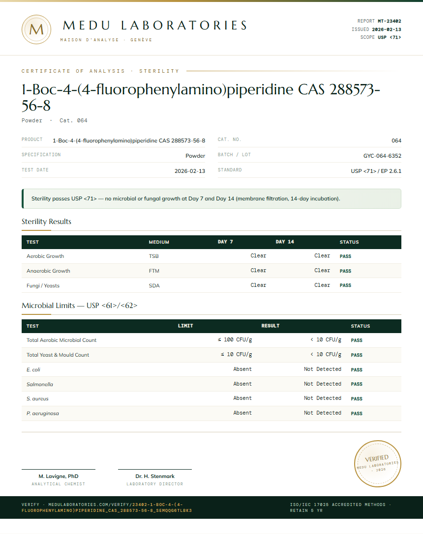 1-Boc-4-(4-fluorophenylamino)piperidine CAS 288573-56-8 Sterility report by Medu Laboratories