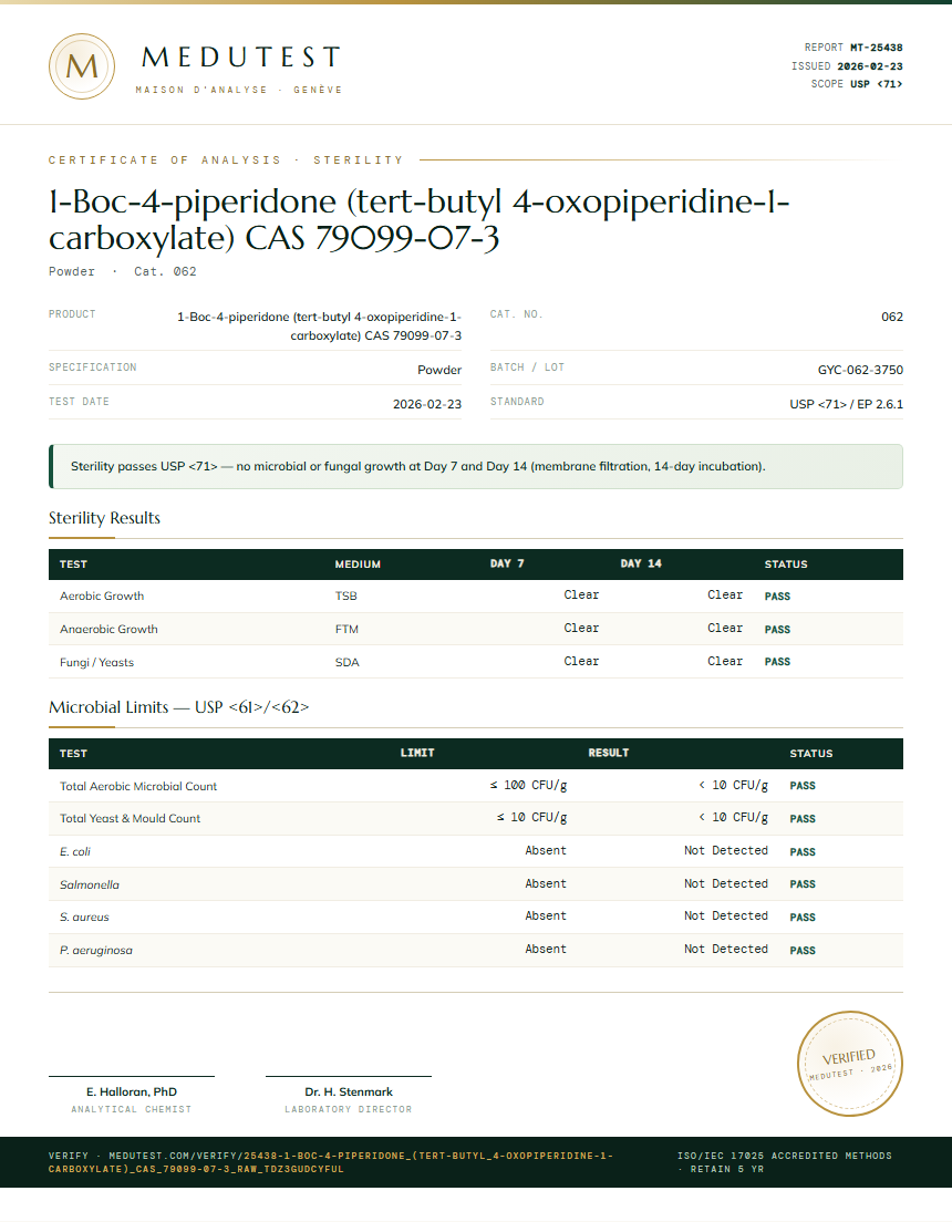 1-Boc-4-piperidone (tert-butyl 4-oxopiperidine-1-carboxylate) CAS 79099-07-3 Sterility report by Medu Laboratories