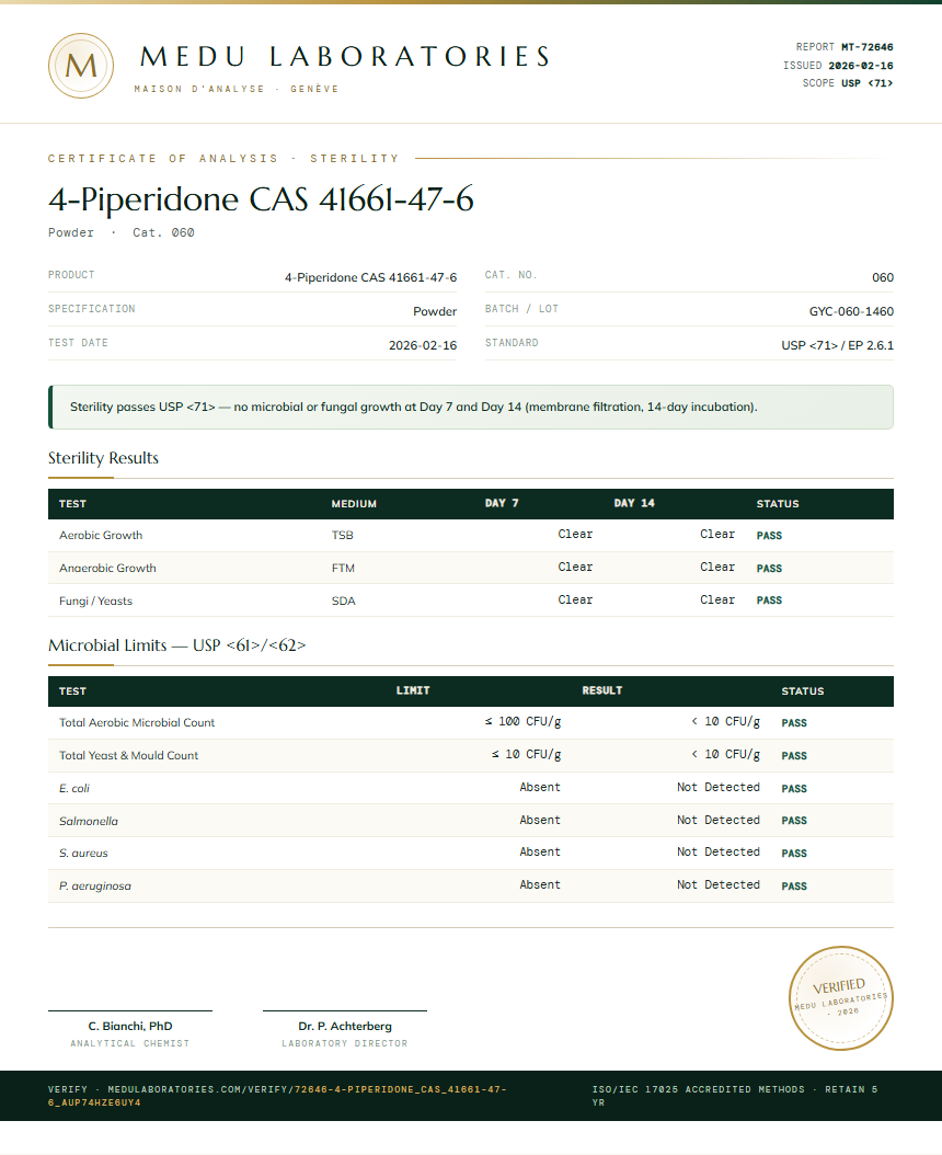 4-Piperidone CAS 41661-47-6 Sterility report by Medu Laboratories