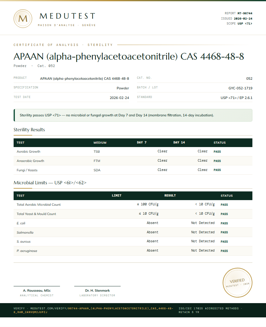 APAAN (alpha-phenylacetoacetonitrile) CAS 4468-48-8 Sterility report by Medu Laboratories