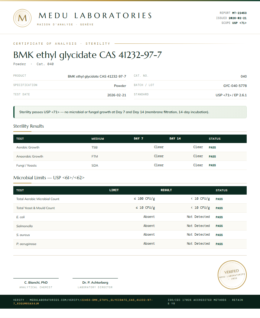 BMK ethyl glycidate CAS 41232-97-7 Sterility report by Medu Laboratories