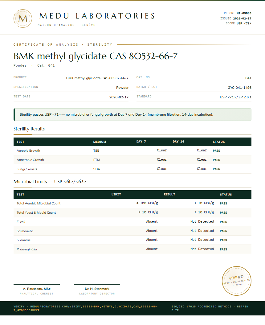 BMK methyl glycidate CAS 80532-66-7 Sterility report by Medu Laboratories