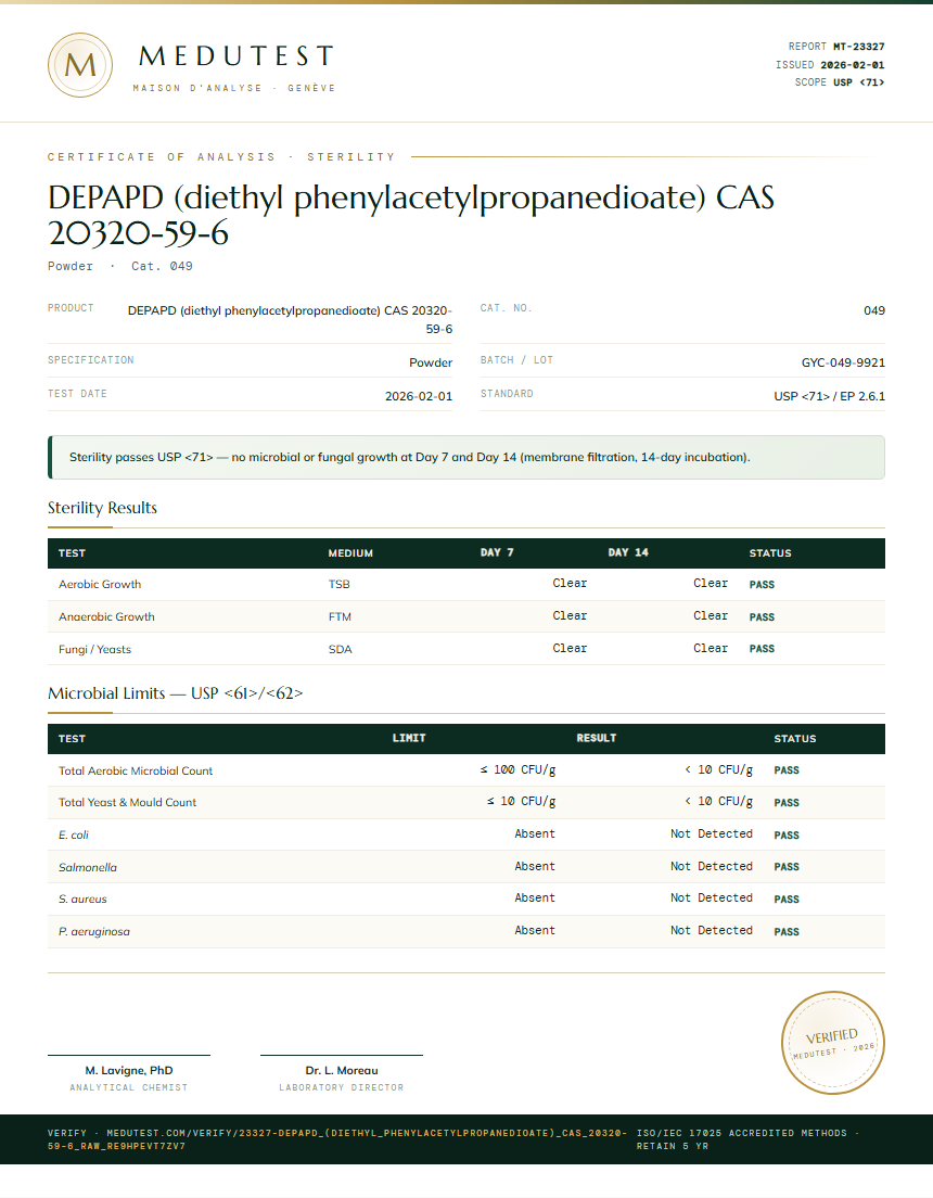 DEPAPD (diethyl phenylacetylpropanedioate) CAS 20320-59-6 Sterility report by Medu Laboratories