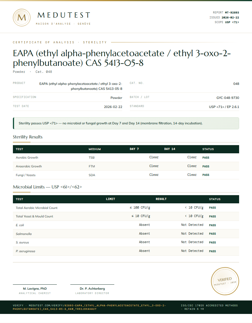 EAPA (ethyl alpha-phenylacetoacetate / ethyl 3-oxo-2-phenylbutanoate) CAS 5413-05-8 Sterility report by Medu Laboratories