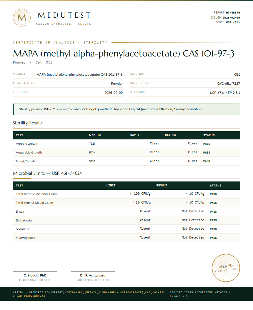 MAPA (methyl alpha-phenylacetoacetate) CAS 101-97-3 Sterility report by Medu Laboratories