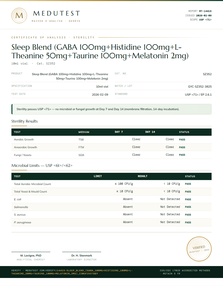 Sleep Blend (GABA 100mg+Histidine 100mg+L-Theanine 50mg+Taurine 100mg+Melatonin 2mg) Sterility report by Medu Laboratories