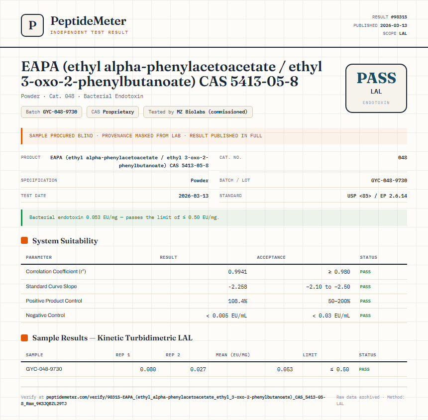EAPA (ethyl alpha-phenylacetoacetate / ethyl 3-oxo-2-phenylbutanoate) CAS 5413-05-8 Endotoxin report by PeptideDetective