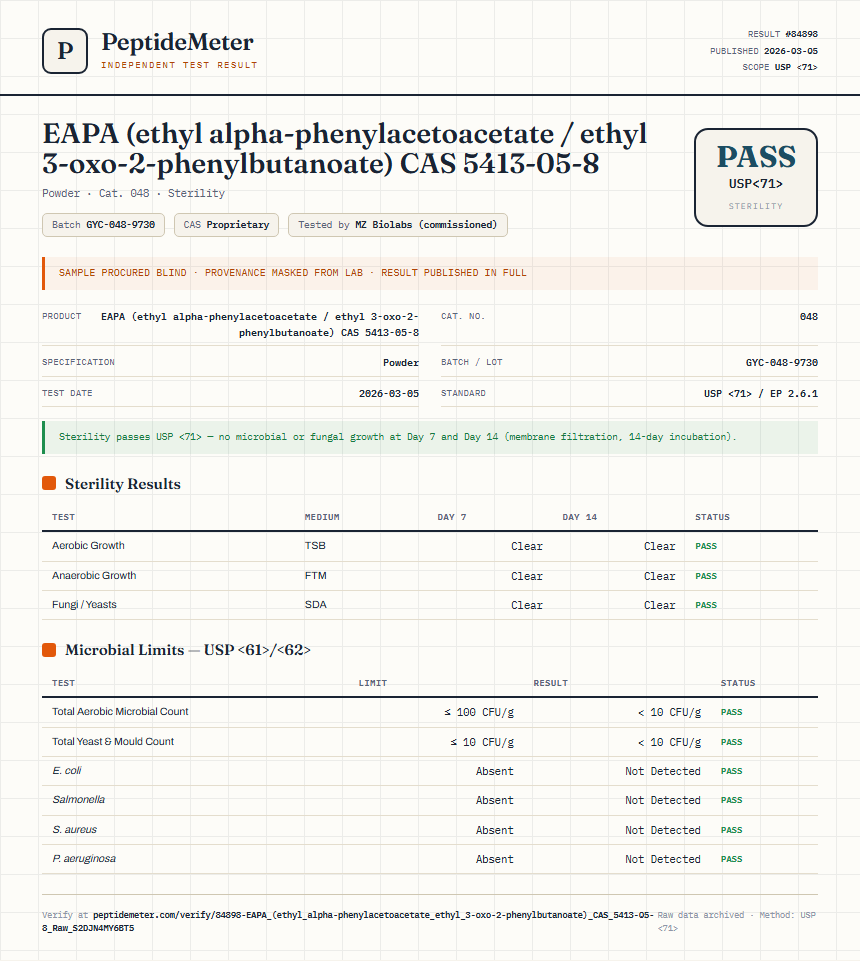 EAPA (ethyl alpha-phenylacetoacetate / ethyl 3-oxo-2-phenylbutanoate) CAS 5413-05-8 Sterility report by PeptideDetective