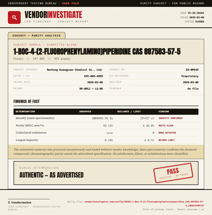 1-Boc-4-(2-fluorophenylamino)piperidine CAS 887583-57-5 Purity (HPLC) report by VendorInvestigator