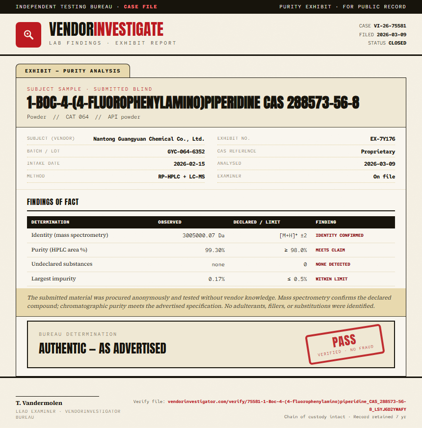 1-Boc-4-(4-fluorophenylamino)piperidine CAS 288573-56-8 Purity (HPLC) report by VendorInvestigator