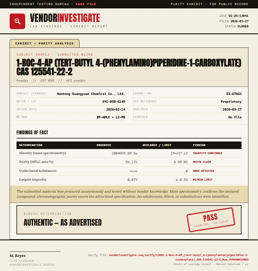 1-Boc-4-AP (tert-butyl 4-(phenylamino)piperidine-1-carboxylate) CAS 125541-22-2 Purity (HPLC) report by VendorInvestigator