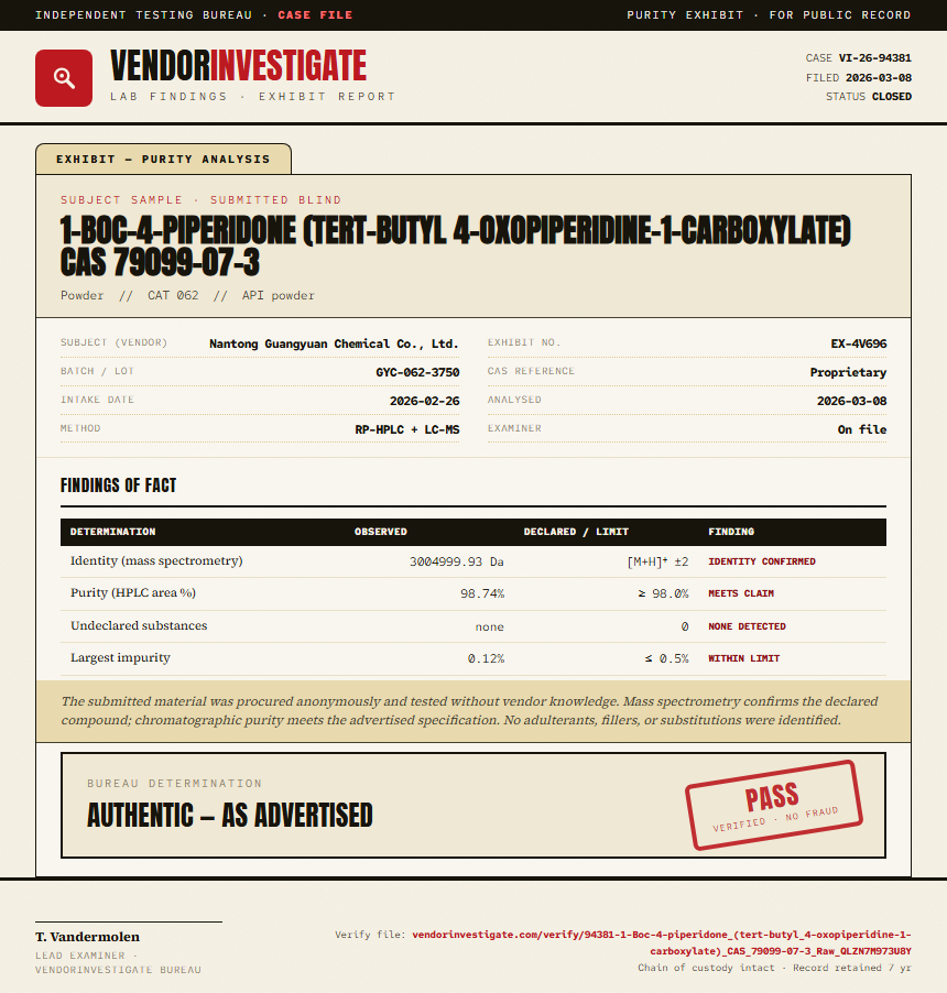 1-Boc-4-piperidone (tert-butyl 4-oxopiperidine-1-carboxylate) CAS 79099-07-3 Purity (HPLC) report by VendorInvestigator
