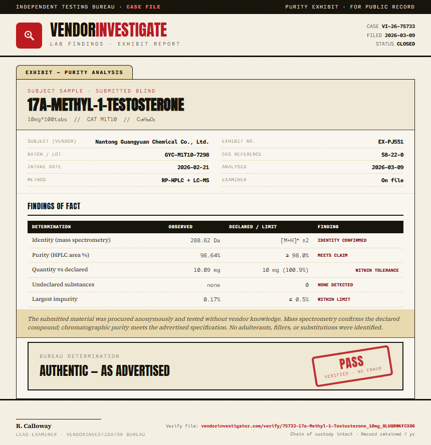 17a-Methyl-1-Testosterone Purity (HPLC) report by VendorInvestigator