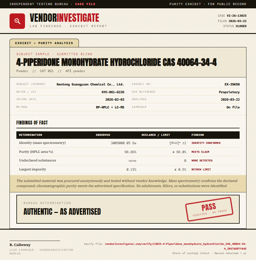 4-Piperidone monohydrate hydrochloride CAS 40064-34-4 Purity (HPLC) report by VendorInvestigator