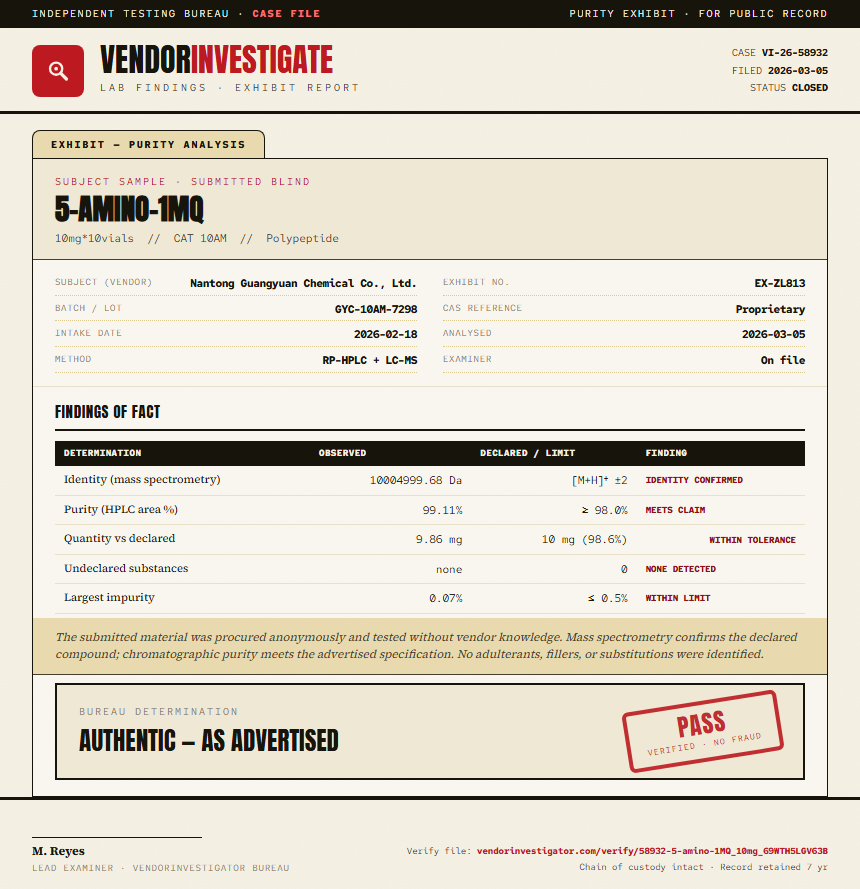 5-amino-1MQ Purity (HPLC) report by VendorInvestigator