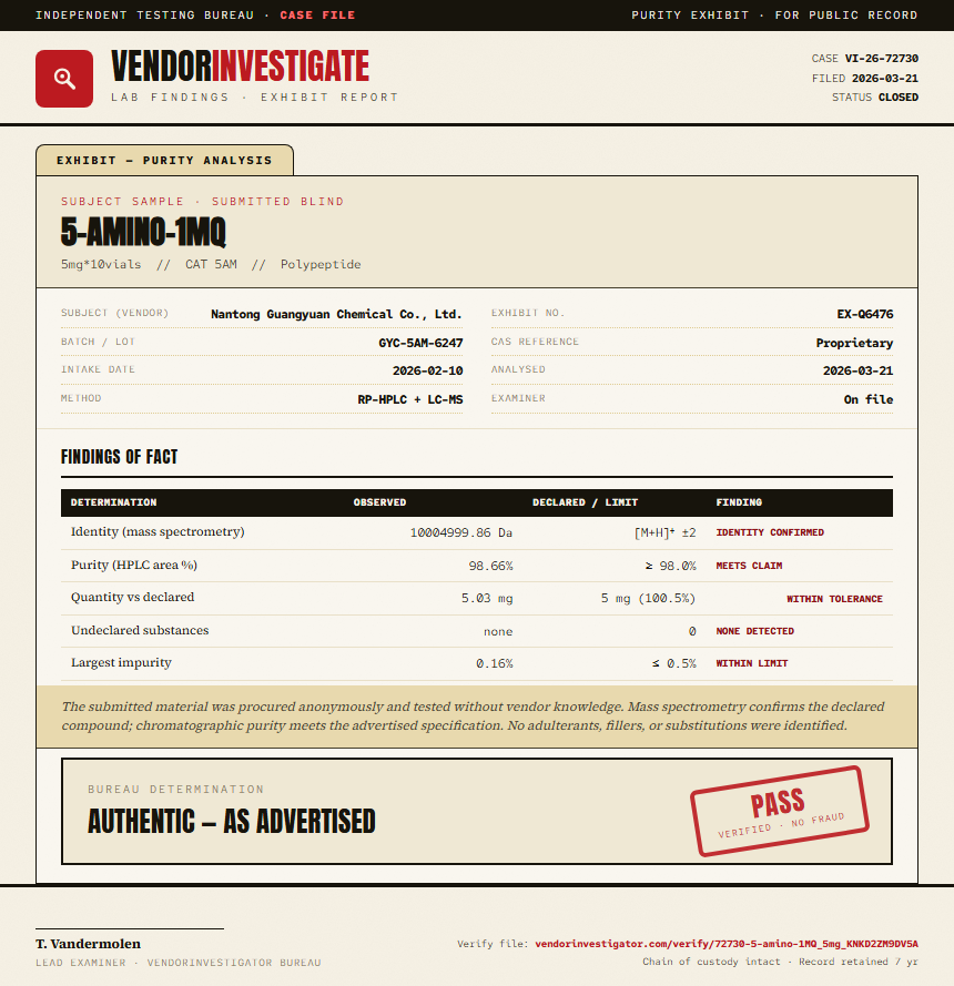 5-amino-1MQ Purity (HPLC) report by VendorInvestigator