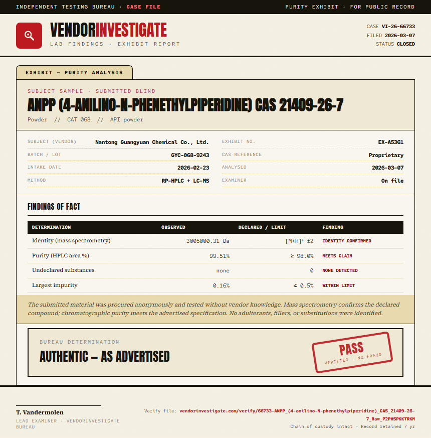 ANPP (4-anilino-N-phenethylpiperidine) CAS 21409-26-7 Purity (HPLC) report by VendorInvestigator