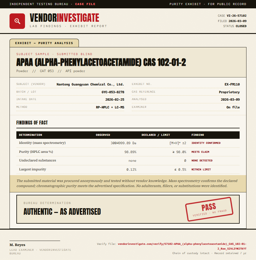 APAA (alpha-phenylacetoacetamide) CAS 102-01-2 Purity (HPLC) report by VendorInvestigator