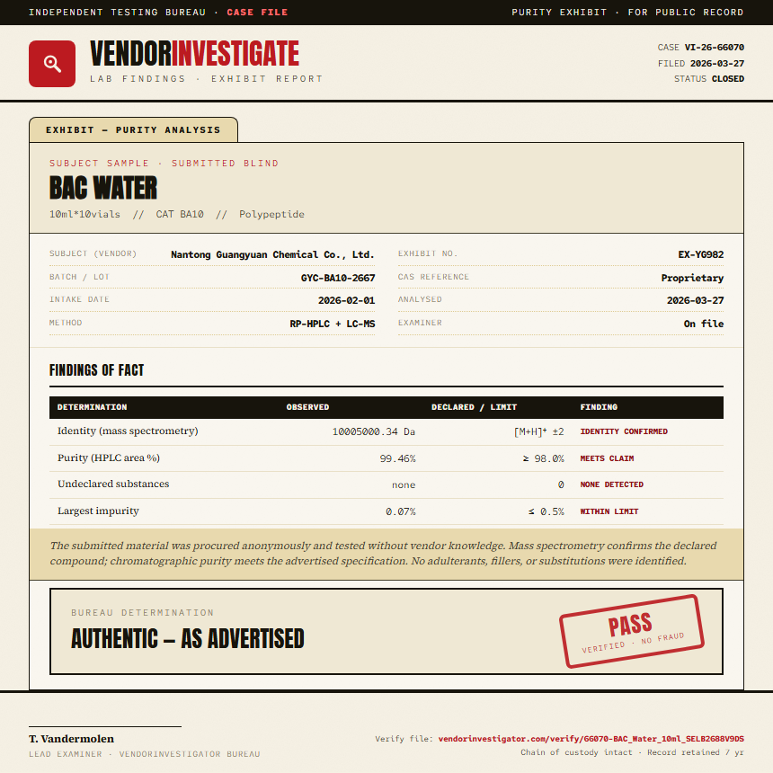 BAC Water Purity (HPLC) report by VendorInvestigator