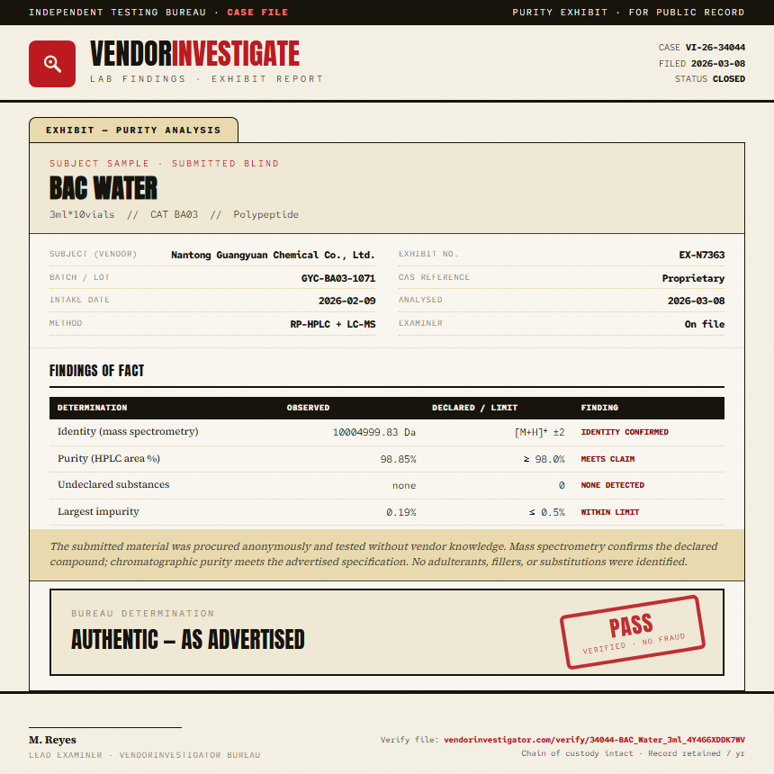 BAC Water Purity (HPLC) report by VendorInvestigator