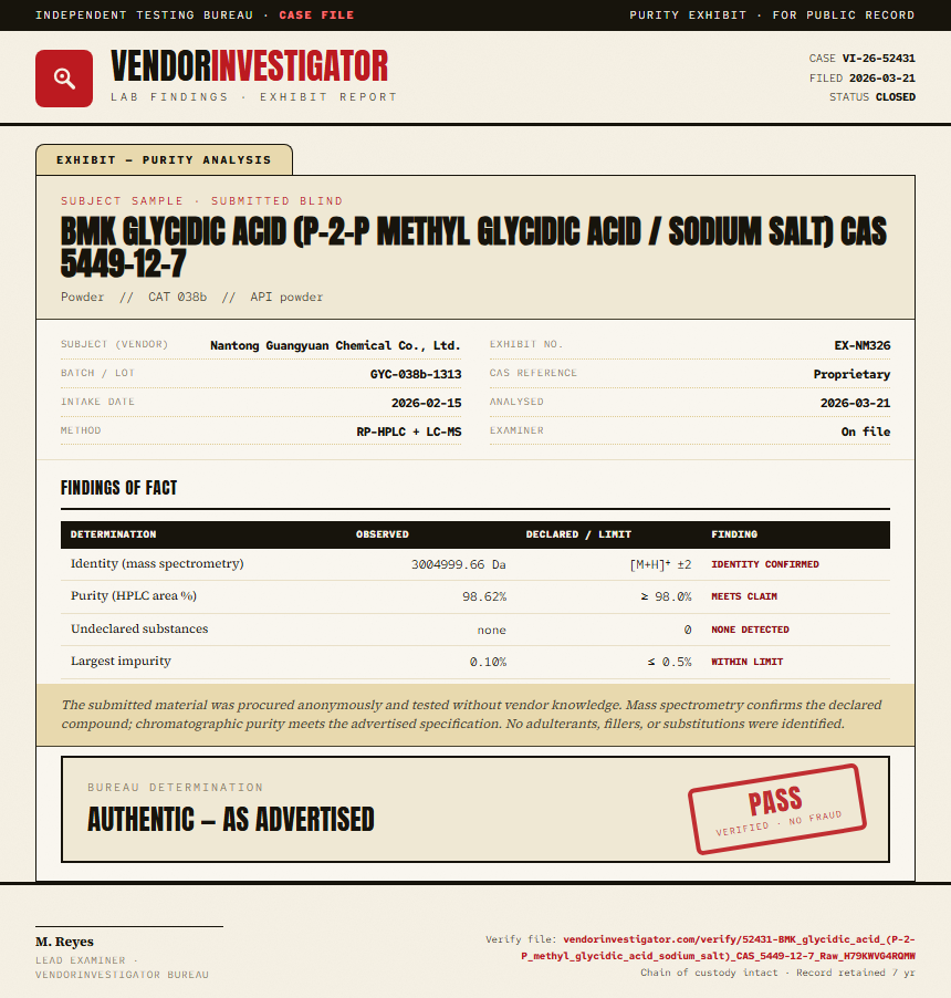 BMK glycidic acid (P-2-P methyl glycidic acid / sodium salt) CAS 5449-12-7 Purity (HPLC) report by VendorInvestigator